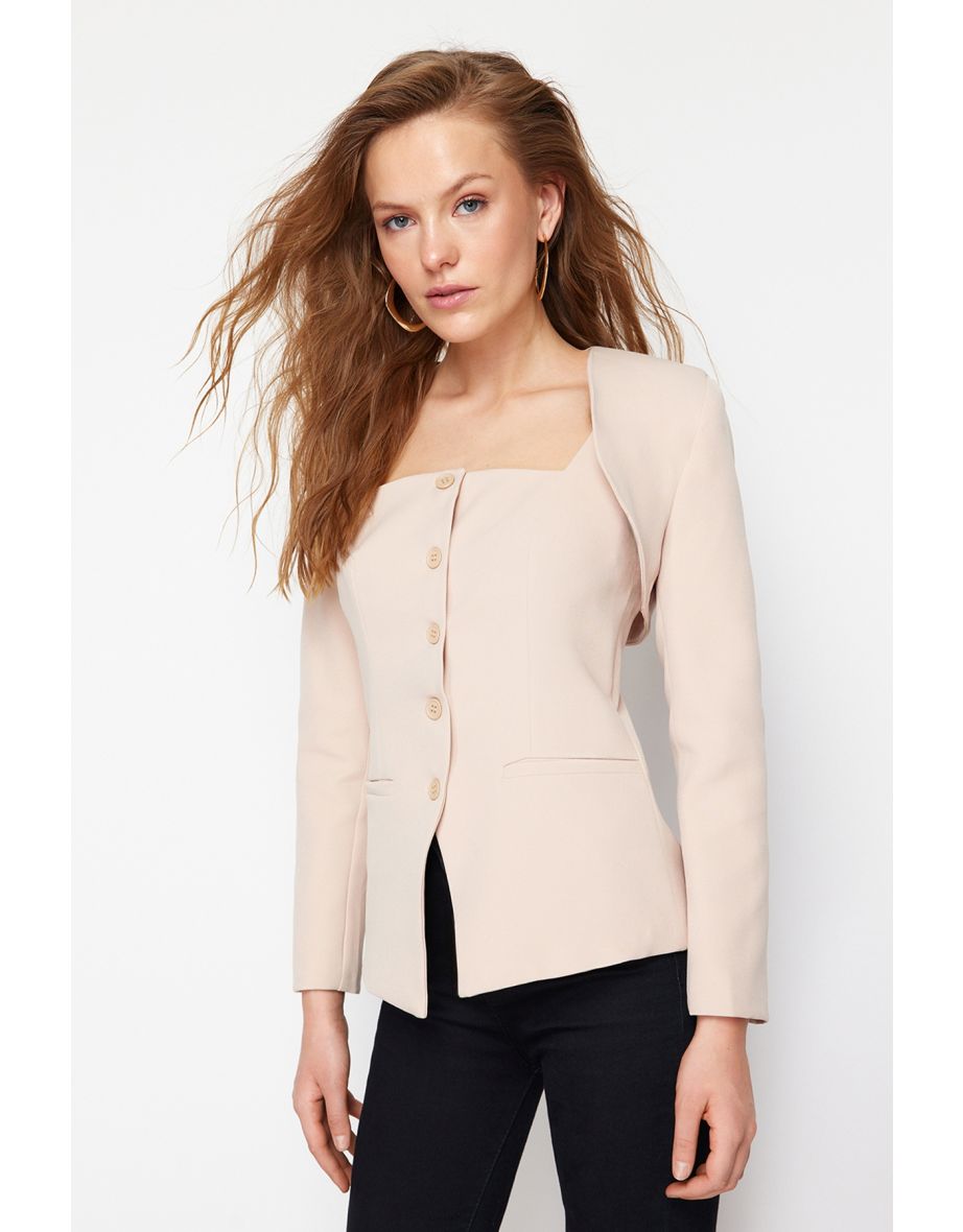 Beige Bolero Detail Woven Blazer Jacket
