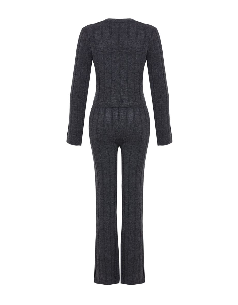 Anthracite Crop Sweater-Pants Knitwear Top-Bottom Set - 6