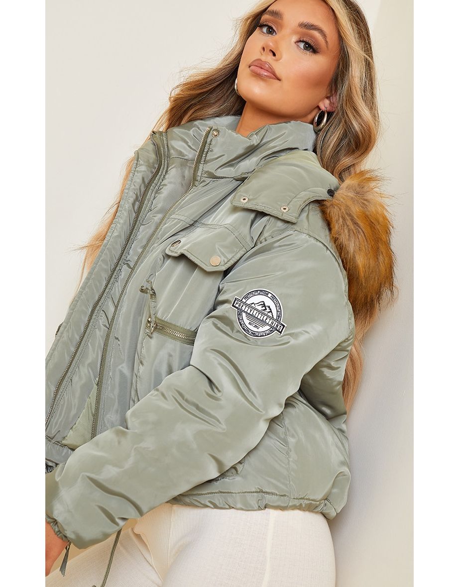 PRETTYLITTLETHING Recycled Khaki Cropped Removable Faux Fur Hooded Parka - 3