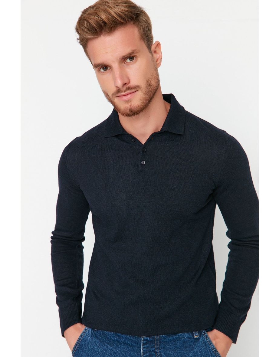 Navy Blue Slim Fit Polo Neck Buttoned Smart Knitwear Sweater