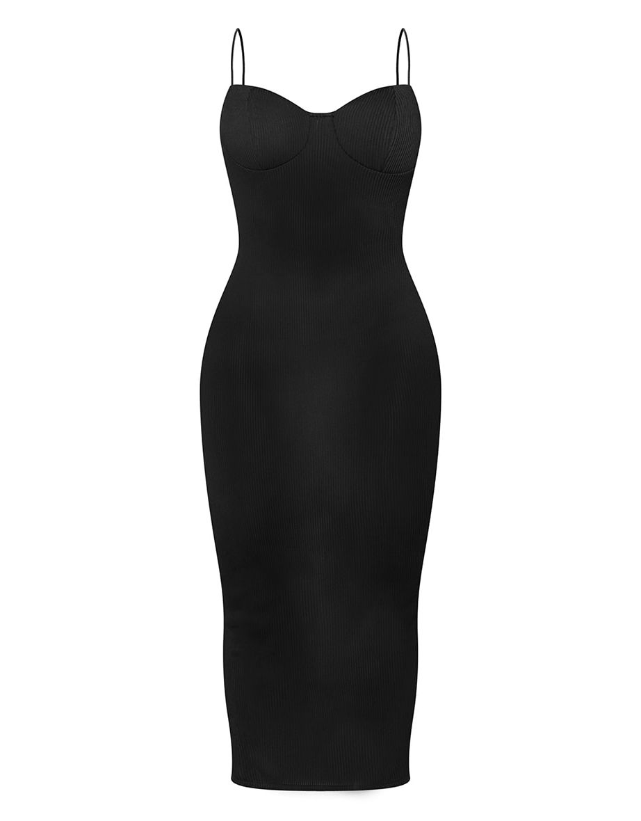 فستان ميدي طويل مضلع بحمالات رفيعة - أسود - 4