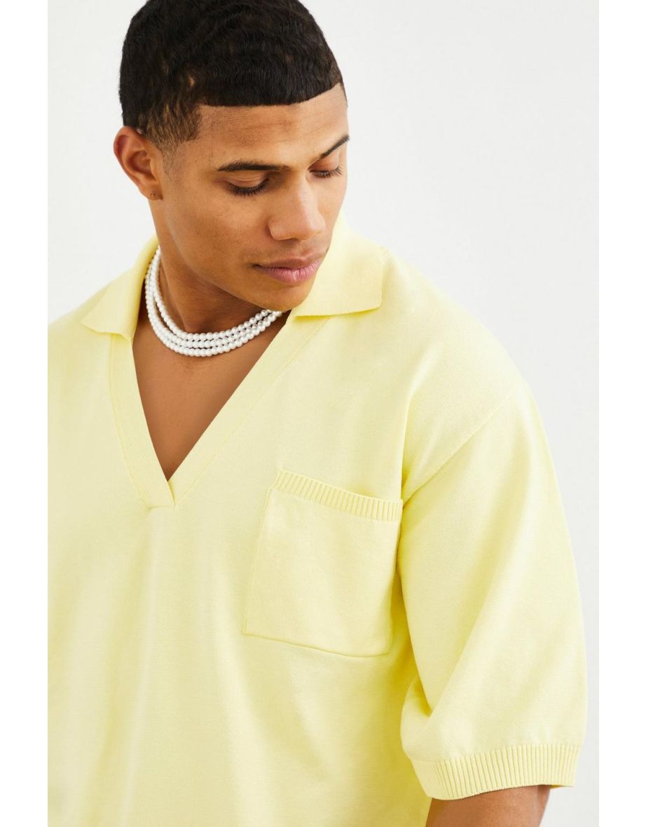 Oversized Open Weave Pocket Knitted Revere Polo - yellow - 2