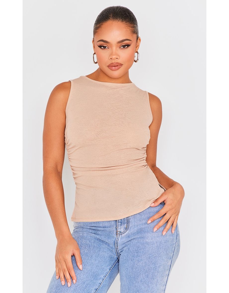 Stone Burnout Mesh Ruched Sides Sleeveless Long Top