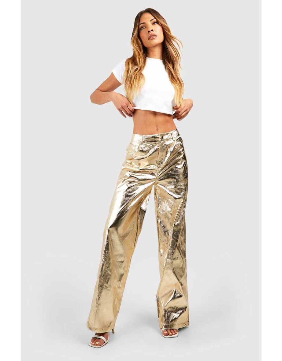 High Waisted Metallic Full Length Trousers - gold