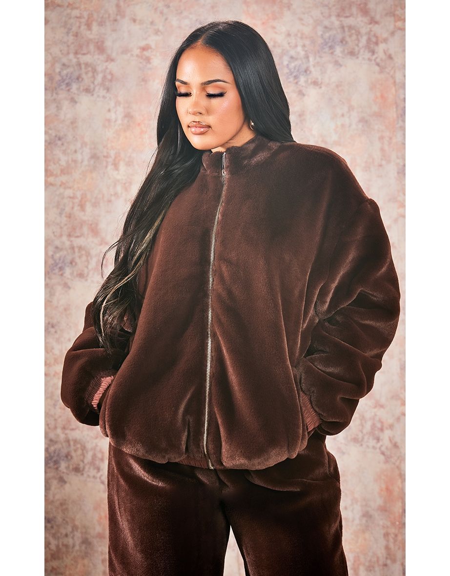 Premium Chocolate Brown Faux Fur Bomber Jacket