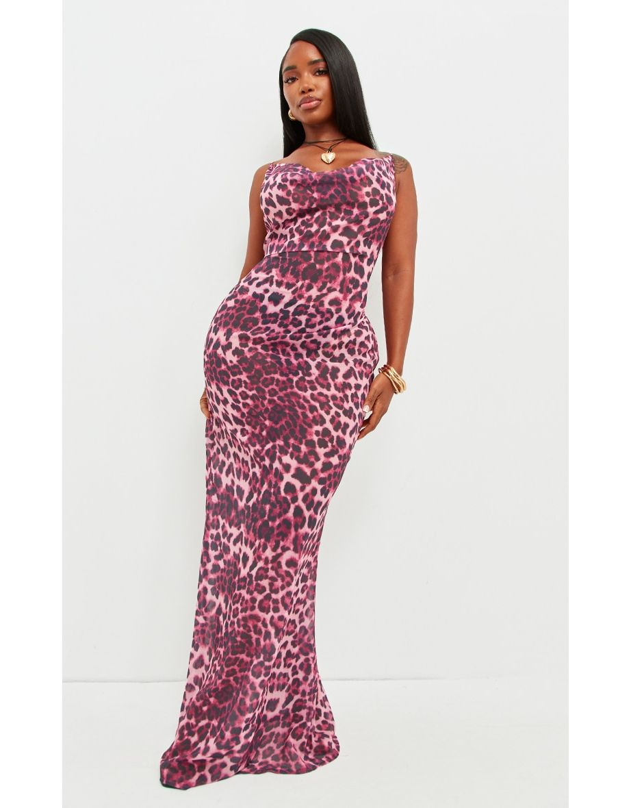 Shop Shape Dark Pink Leopard Print Strappy Cowl Neck Maxi Dress Online in Bahrain VogaCloset