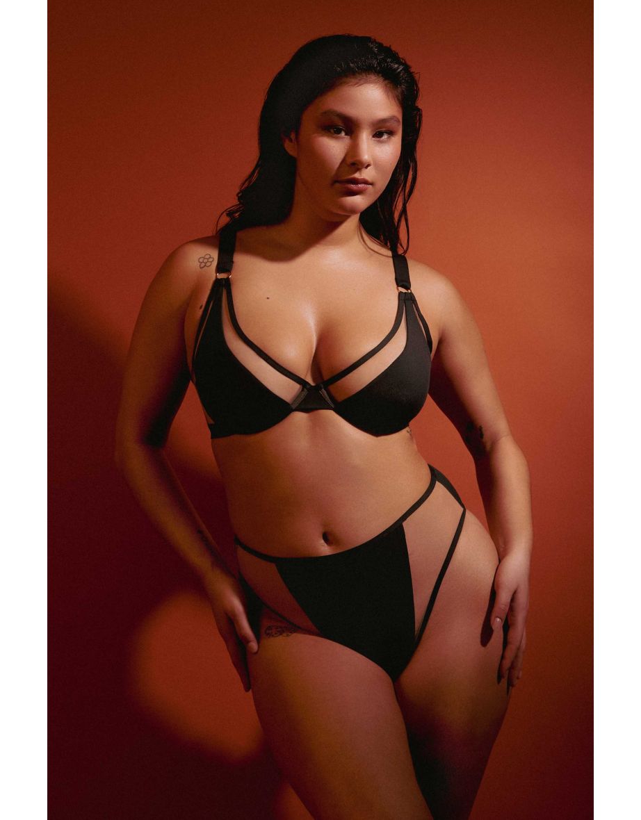 Eloise Black High-Waist High-Leg Bikini Bottoms with Nude Inserts