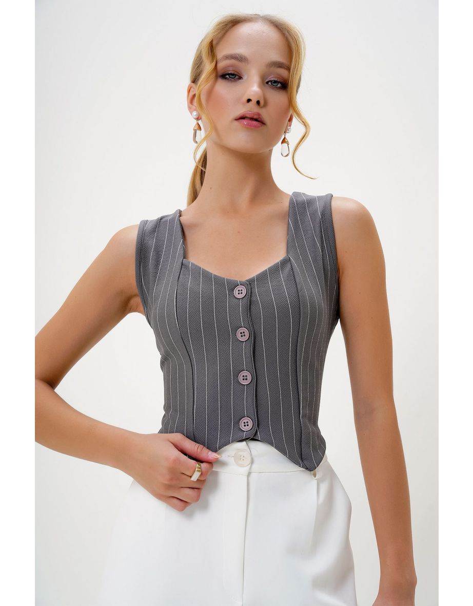 Women's Gray Heart Collar Buttoned Striped Vest