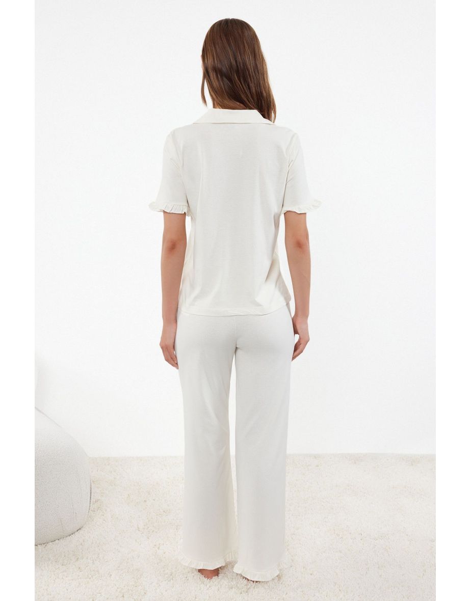 Ecru 100% Cotton Solid Ruffle Single Jersey Knitted Pajama Set - 4