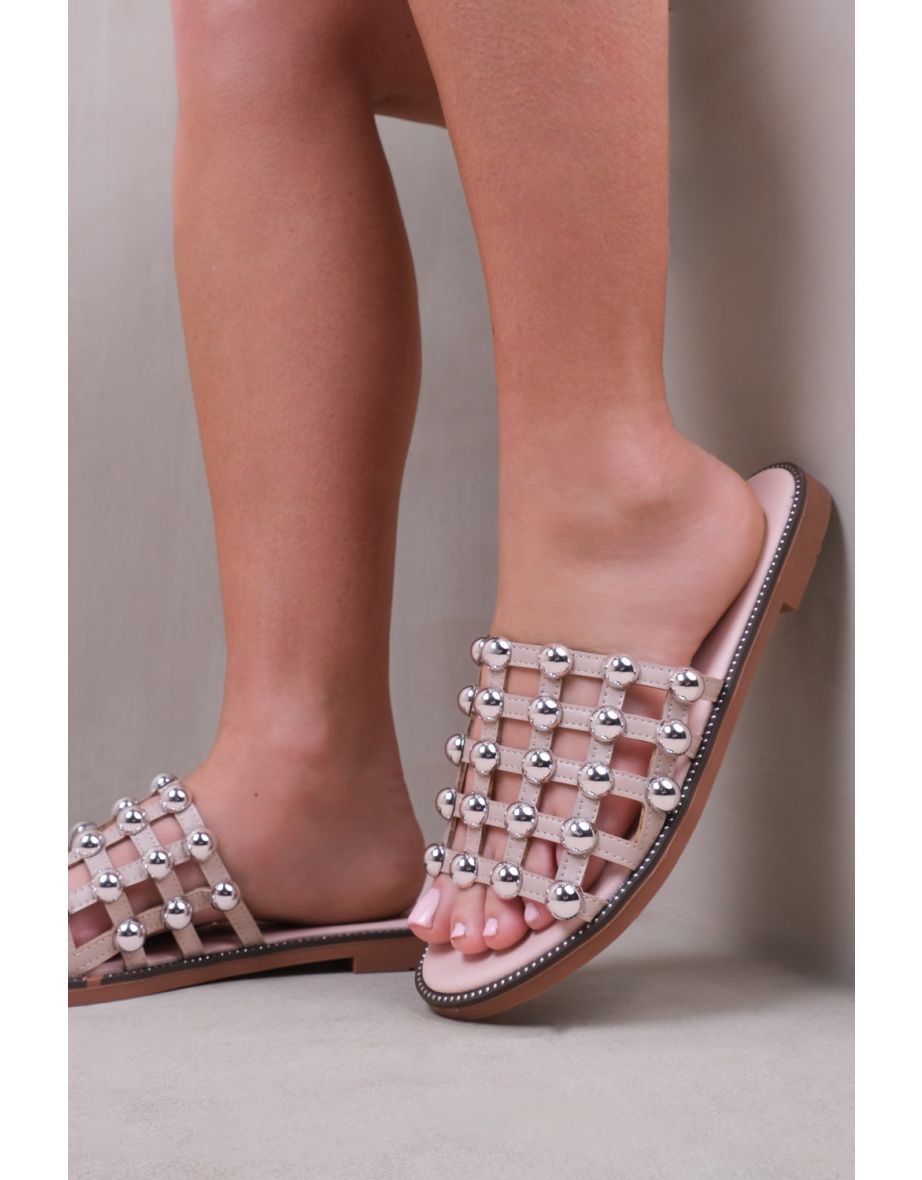 KELLY STUDDED SLIDER WITH CAGED STUDDED DETAILING IN NUDE - 1