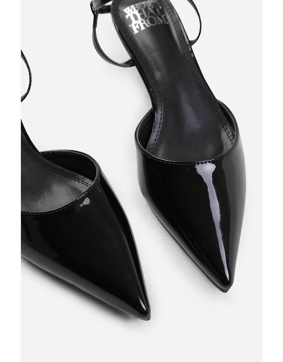 MALTA LOW KITTEN HEELS WITH POINTED TOE AND ANKLE STRAP IN BLACK PATENT - 3