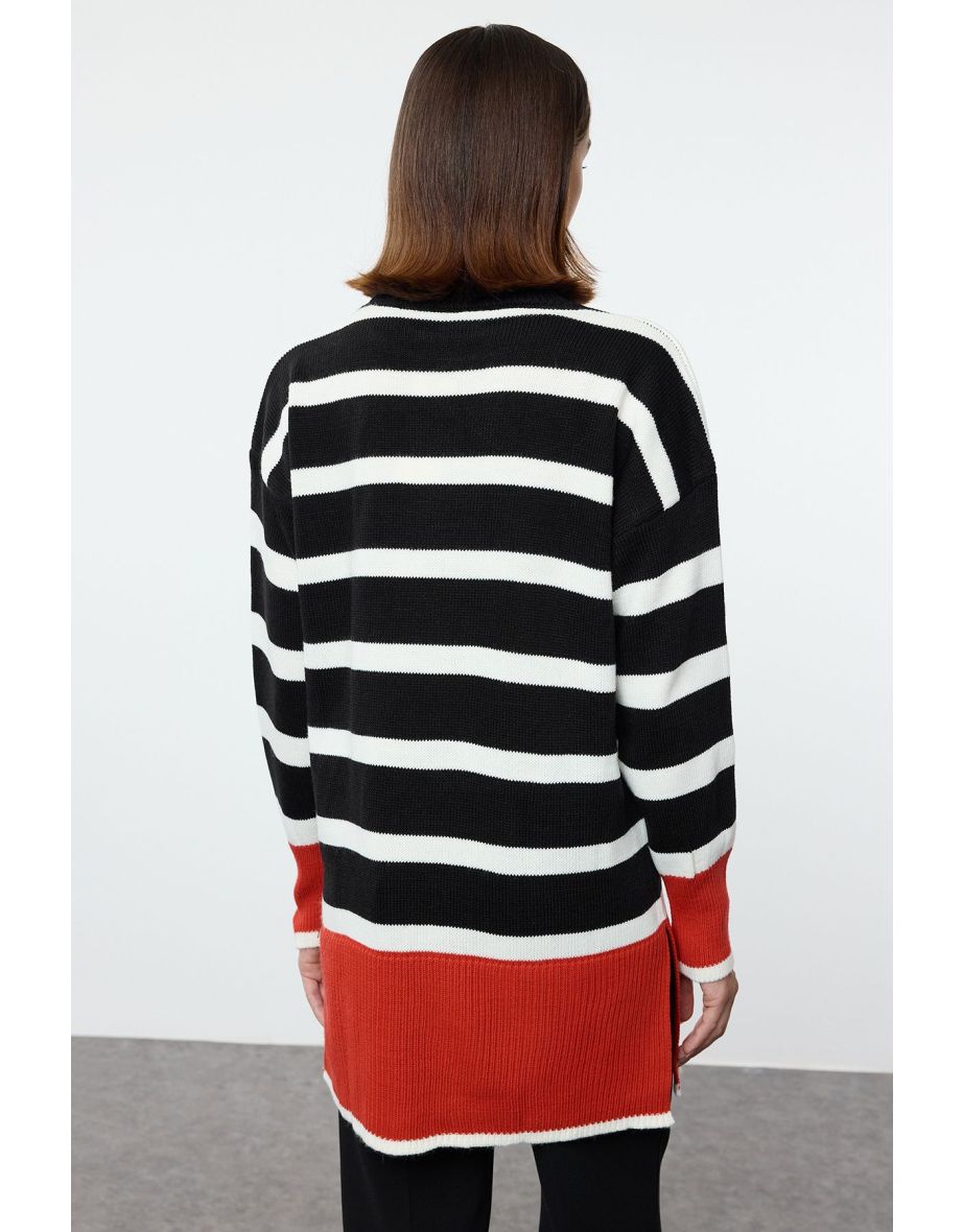 Black Red Striped Knitted Sweater - 4