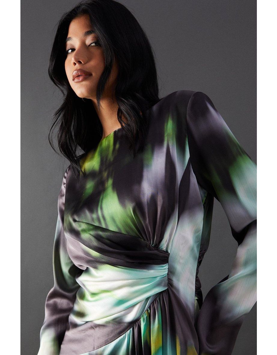 Printed Satin Knot Front Asymmetric Hem Maxi Dress - 3