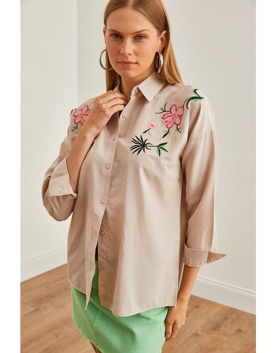 Women's Lily Stone Embroidery Detailed Oversize Woven Shirt - 5
