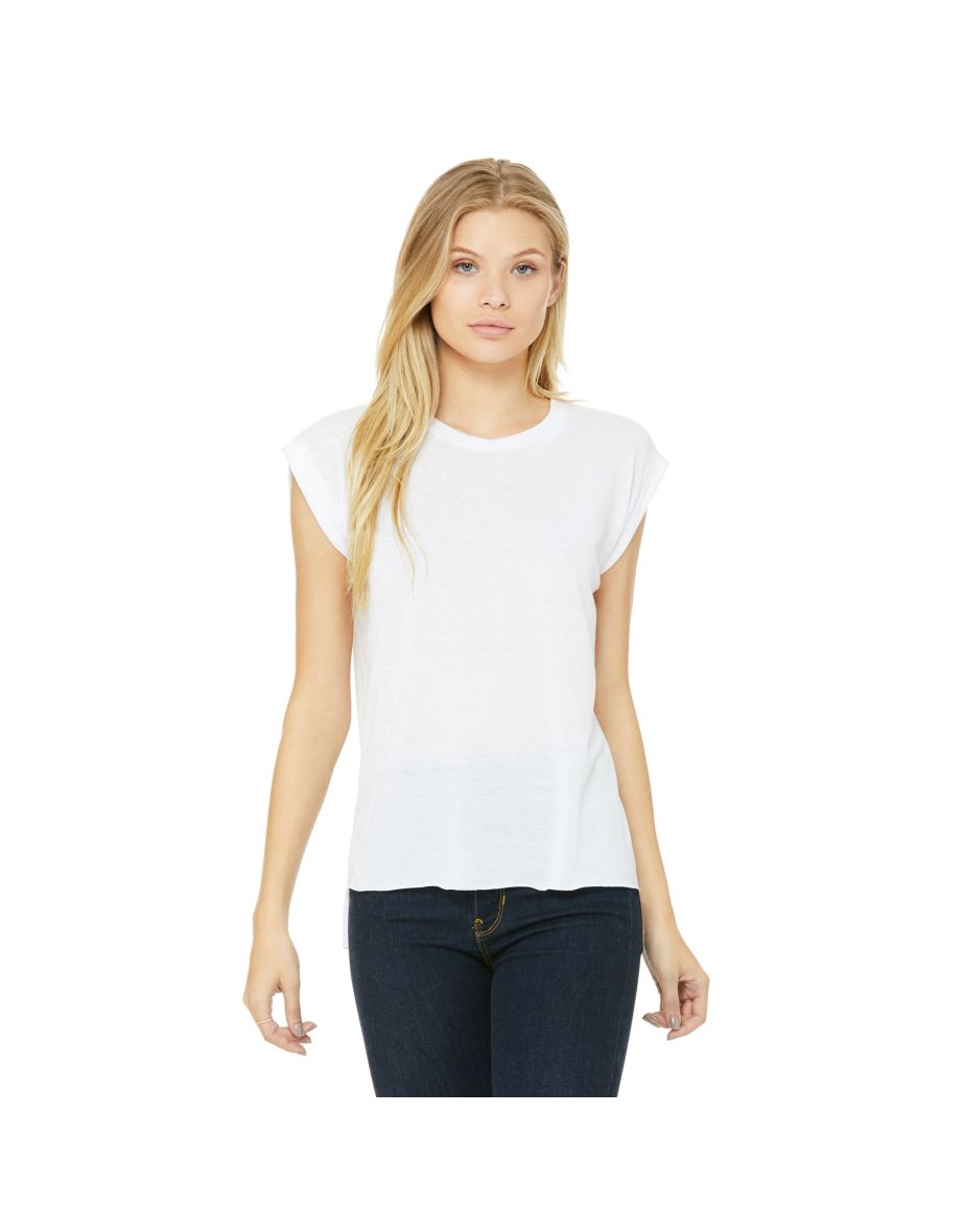 Bella + Canvas Womens/Ladies Flowy Rolled Cuff Muscle T-Shirt - White - 1