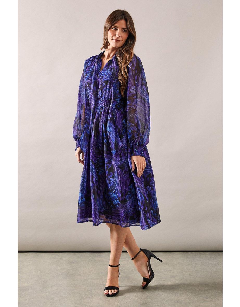 Occasion Feather Print Tie Neck Midi Dress