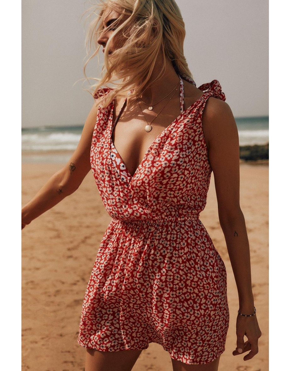Ditsy Floral Tie Shoulder Crinkle Playsuit - red