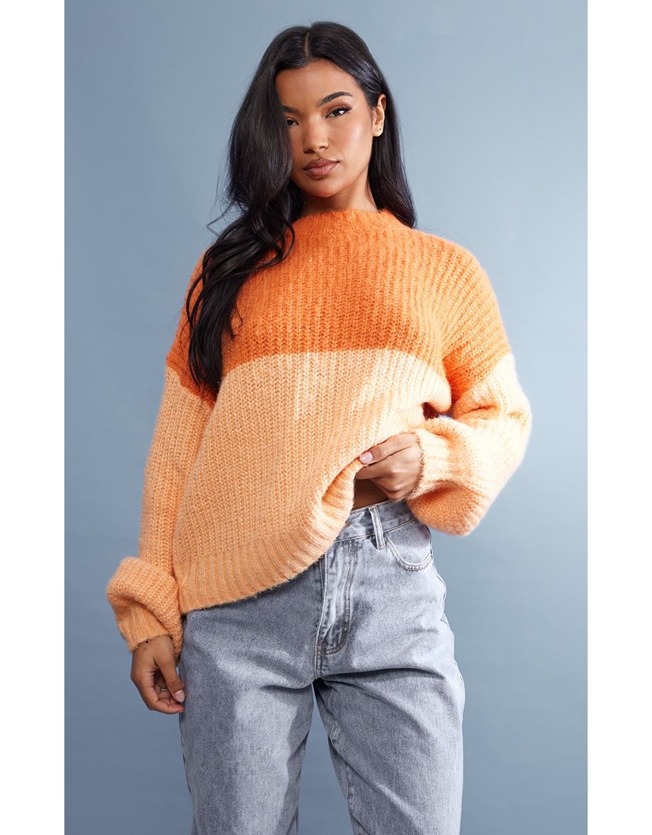Orange Colour Block Brushed Knit Oversized Jumper