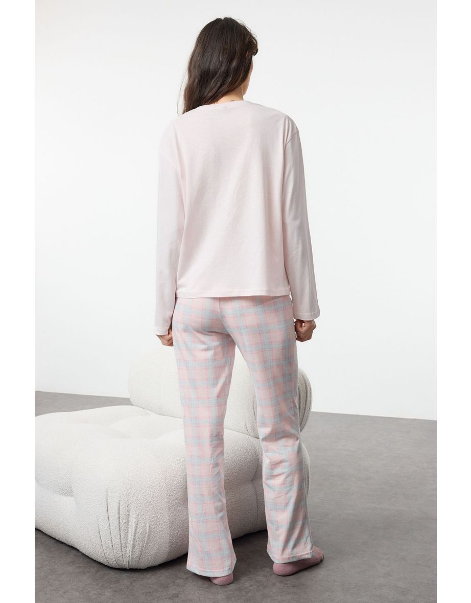 Pink-Multicolored Cotton Plaid Sleep Band Knitted Pajama Set - 4