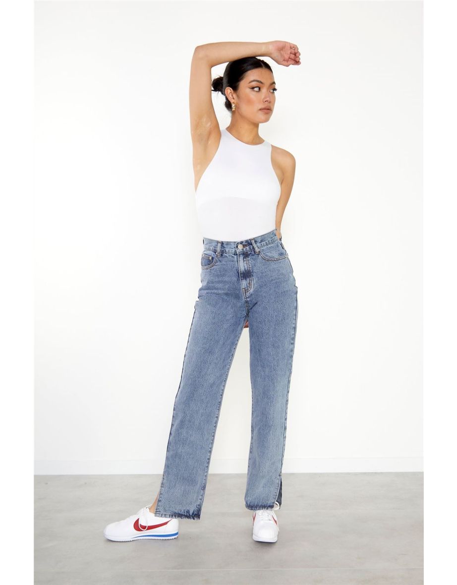 Vintage Wash High Waisted Straight Leg Jeans with Side Split