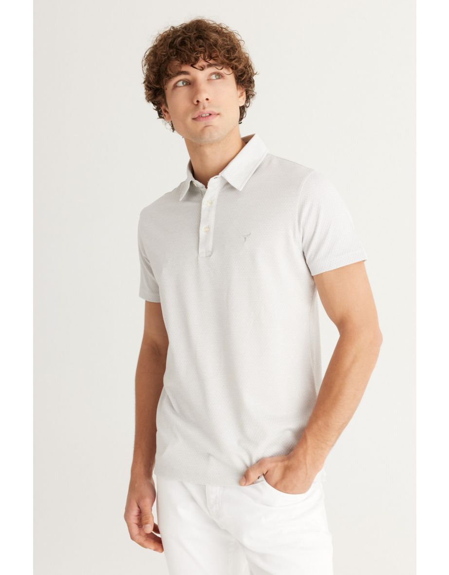 Men's Grey-white Easy Iron Slim Fit Slim Fit Polo Neck Short Sleeve Jacquard T-Shirt - 6