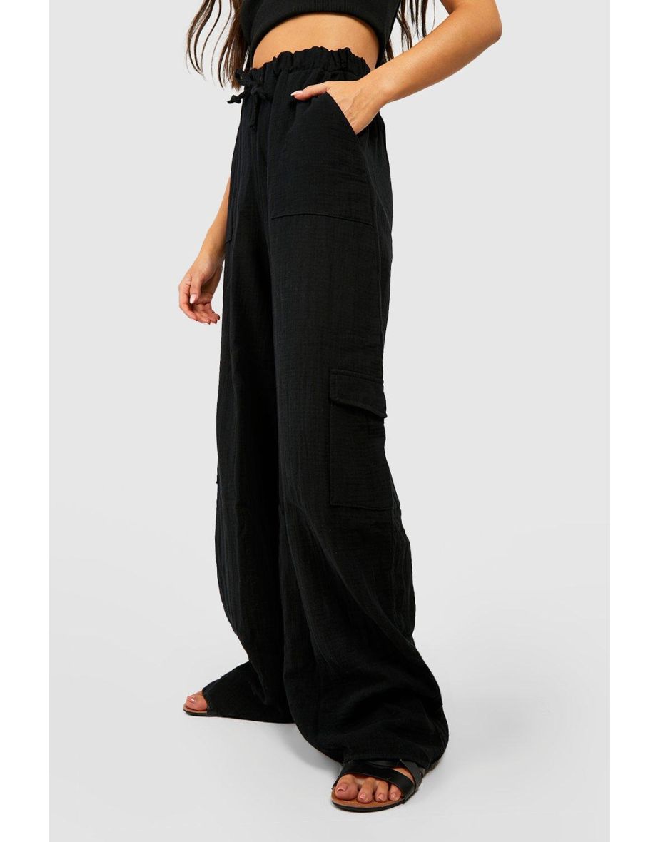 Cotton Crinkle Relaxed Fit Cargo Trousers - black - 3