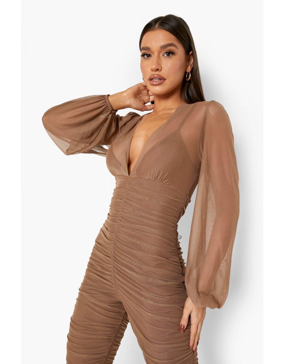 Ruched Mesh Balloon Sleeve Jumpsuit - 3