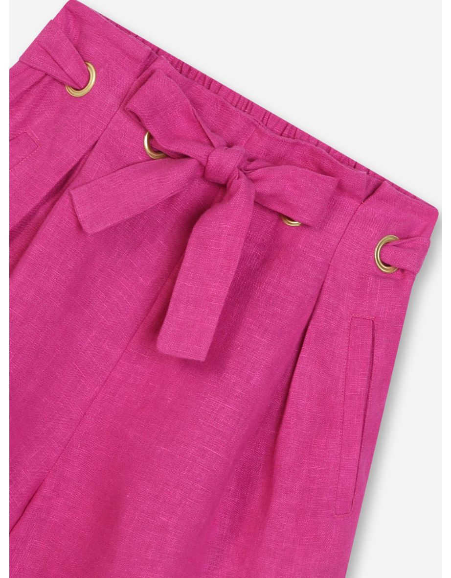 Girls Linen Belted Shorts in Pink - 3