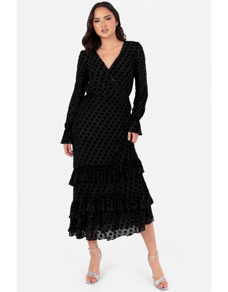 Lovedrobe Black Flocked Polka Dot Midaxi Dress