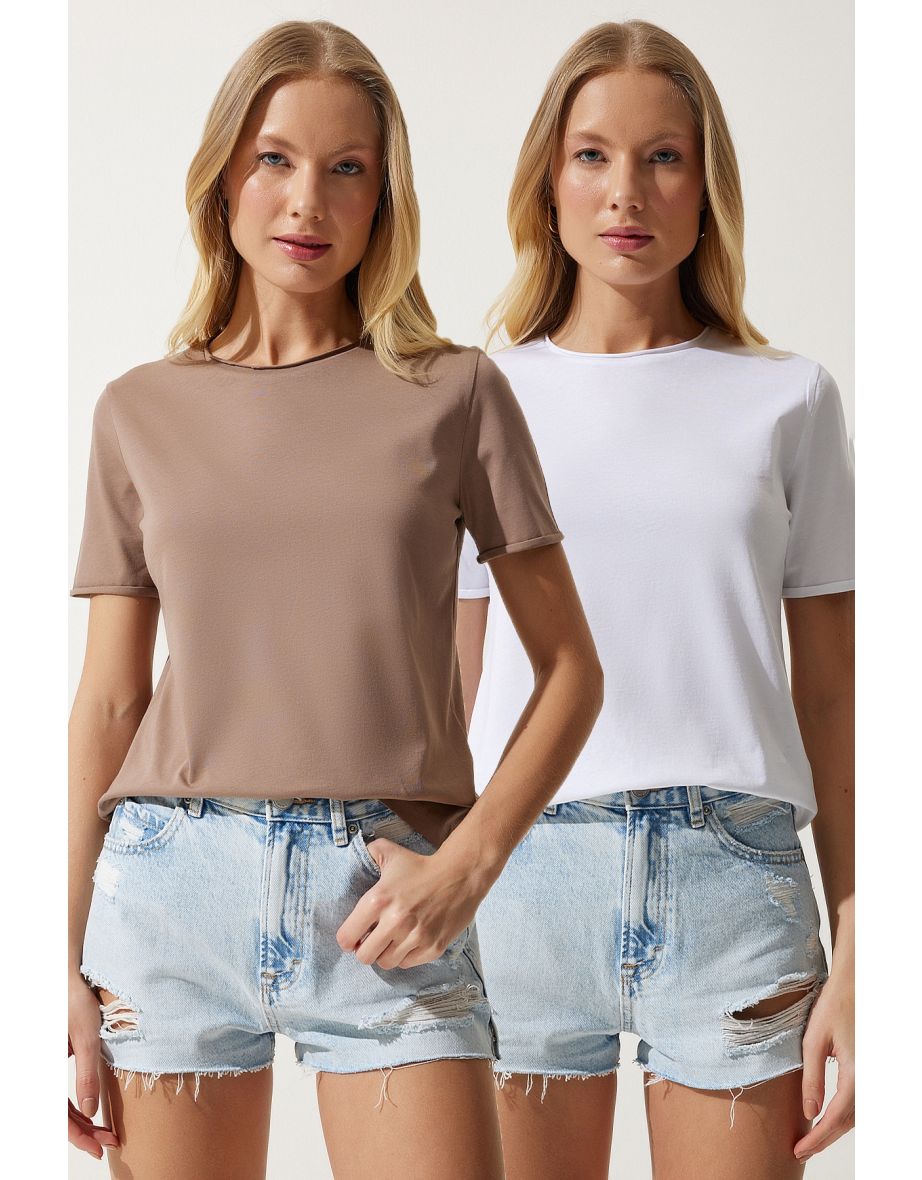 Women's White Mink Crew Neck 2 Pack Basic Knitted T-Shirt