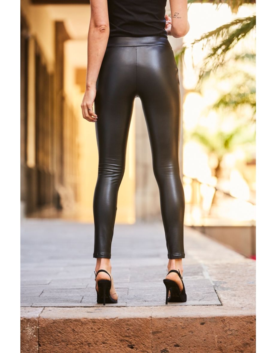 Black Rose Gold Button & Zip Detail Leather Look Leggings - 4