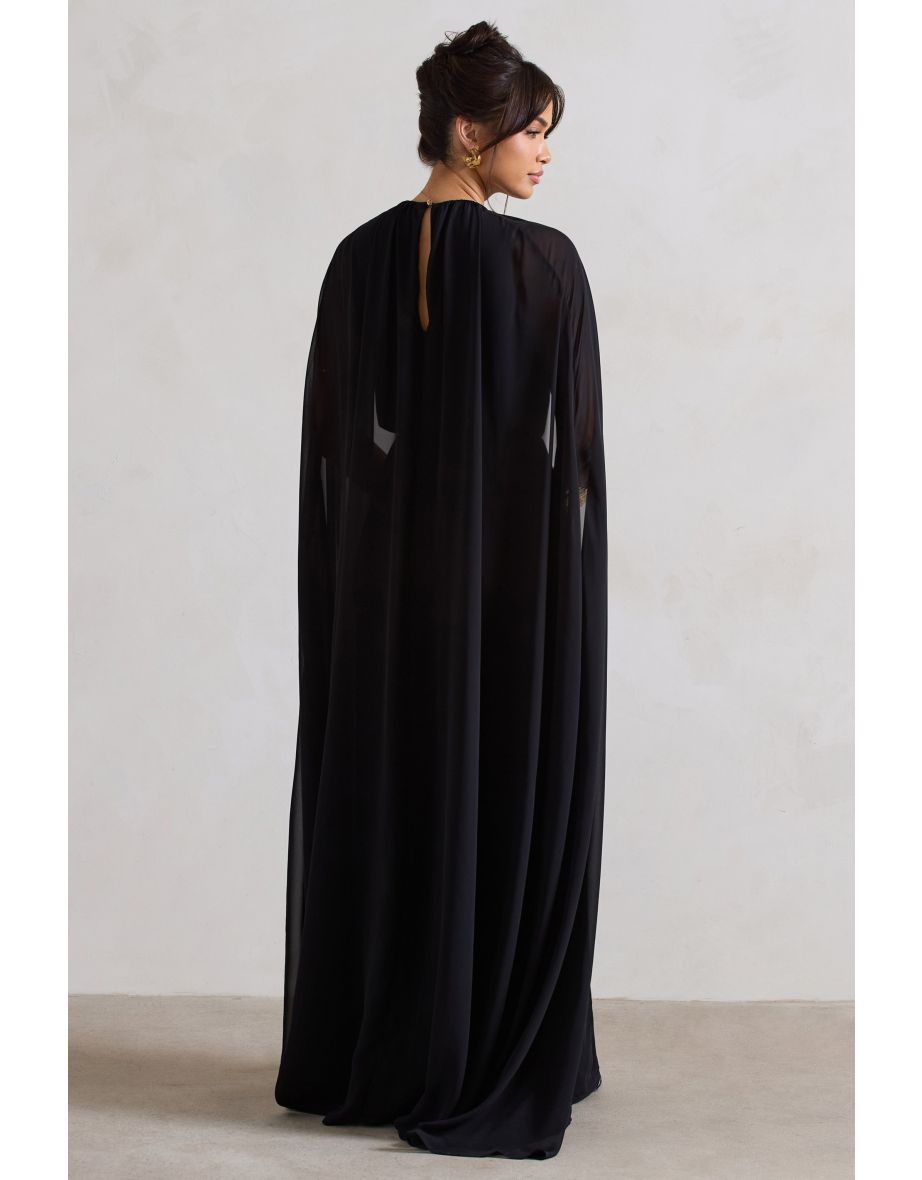 Envy | Black High-Neck Maxi Dress With Chiffon Cape - 4