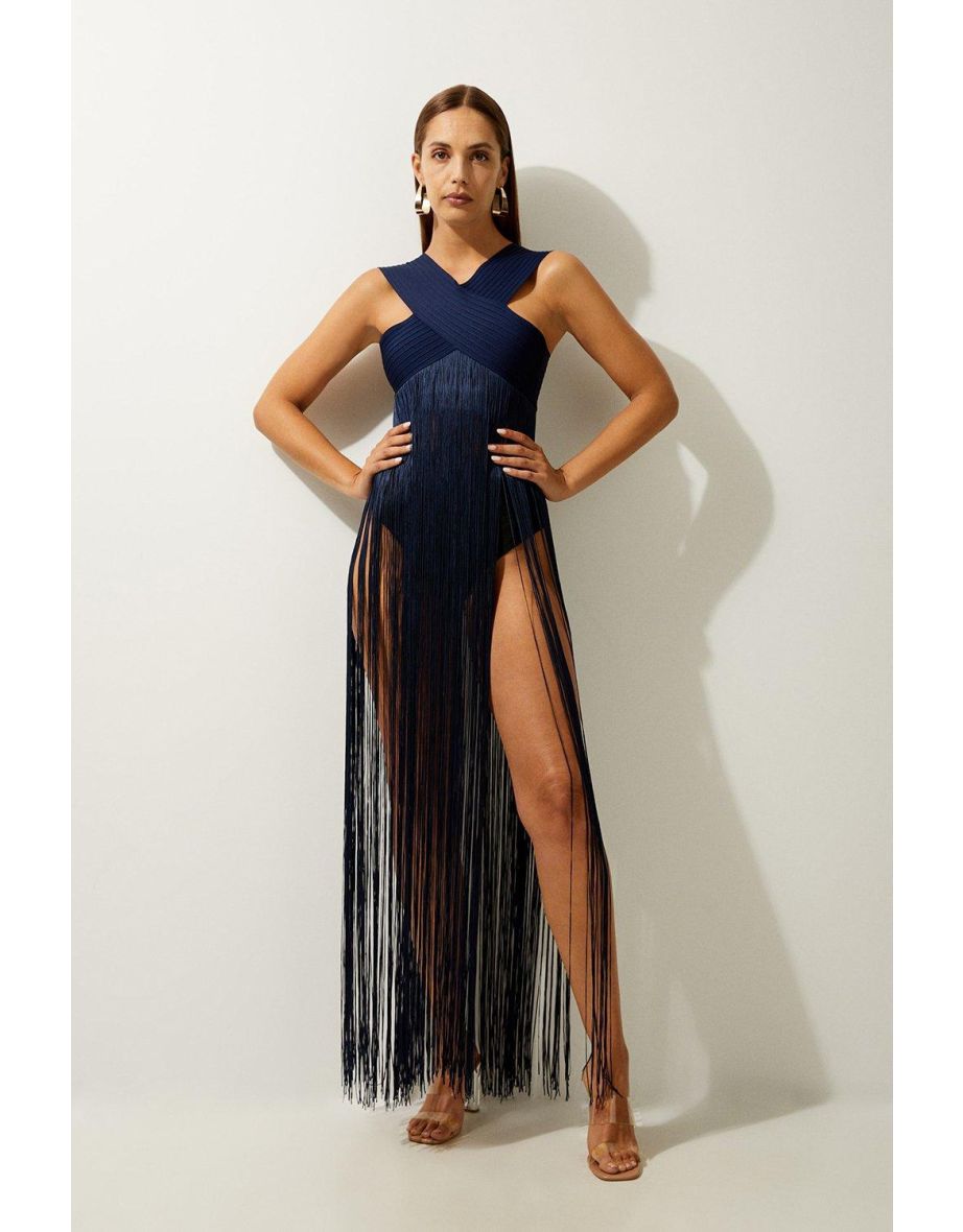 Bandage V Neck Cut Out Fringed Bikini Top