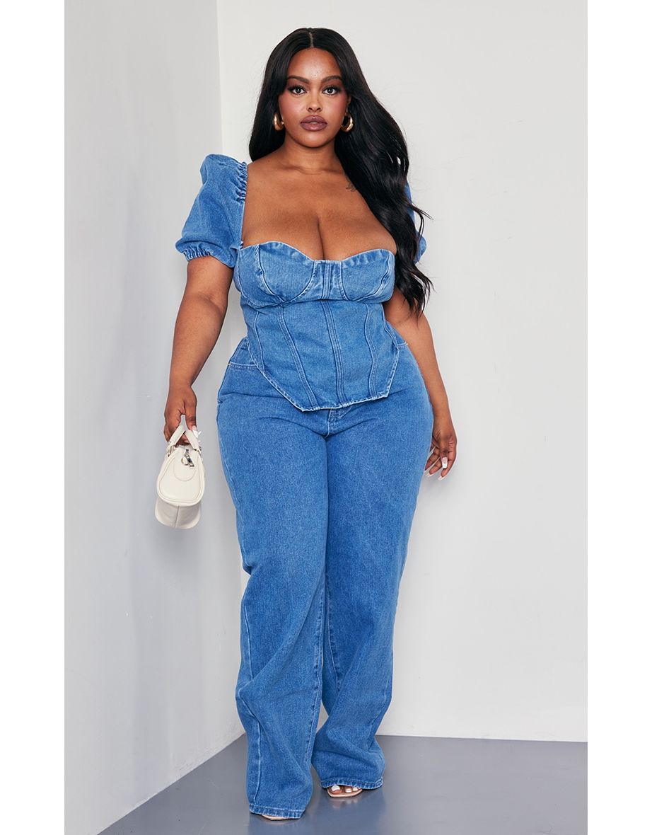 Plus Mid Blue Wash Puff Sleeve Denim Corset Top
