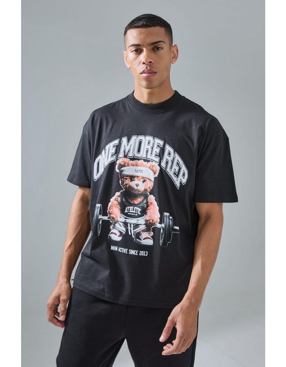 Man Active Oversized Extended Neck Teddy Weightlifter T-shirt - black