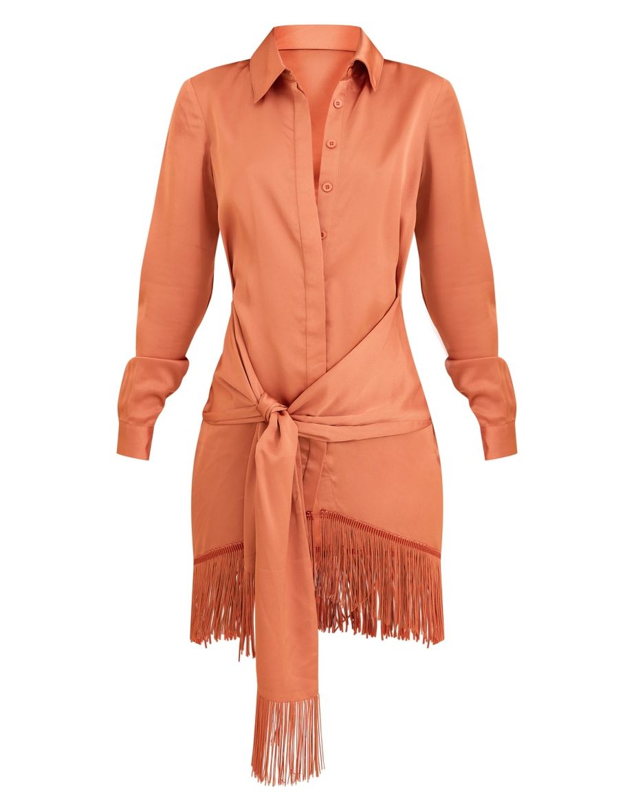 Rust Satin Drape Detail Tassel Hem Shirt Dress - 4