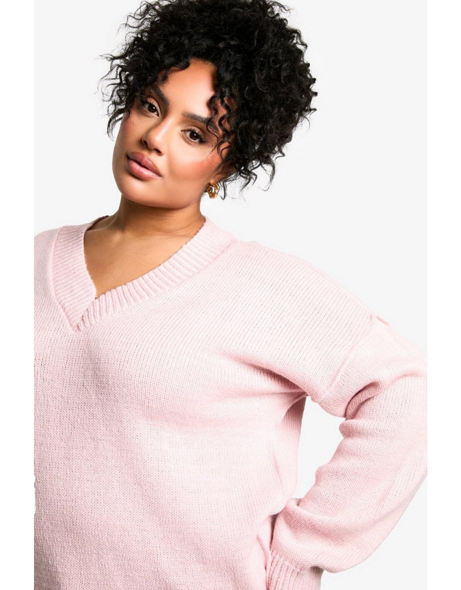 Plus Soft Knit Seam Detail V Neck Slouchy Jumper - baby pink - 3