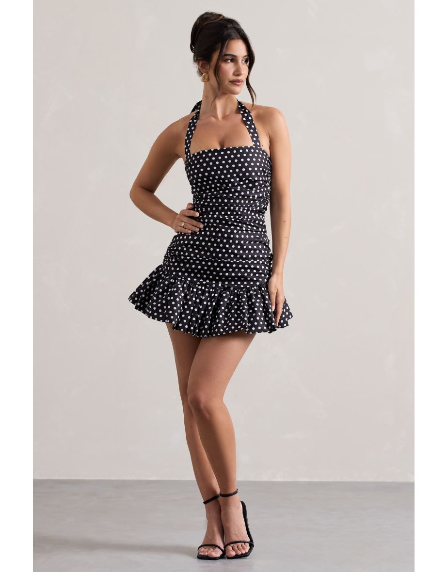 Zahra | Black & White Polka Dot Halter-Neck Ruched Mini Dress With Ruffle Hem