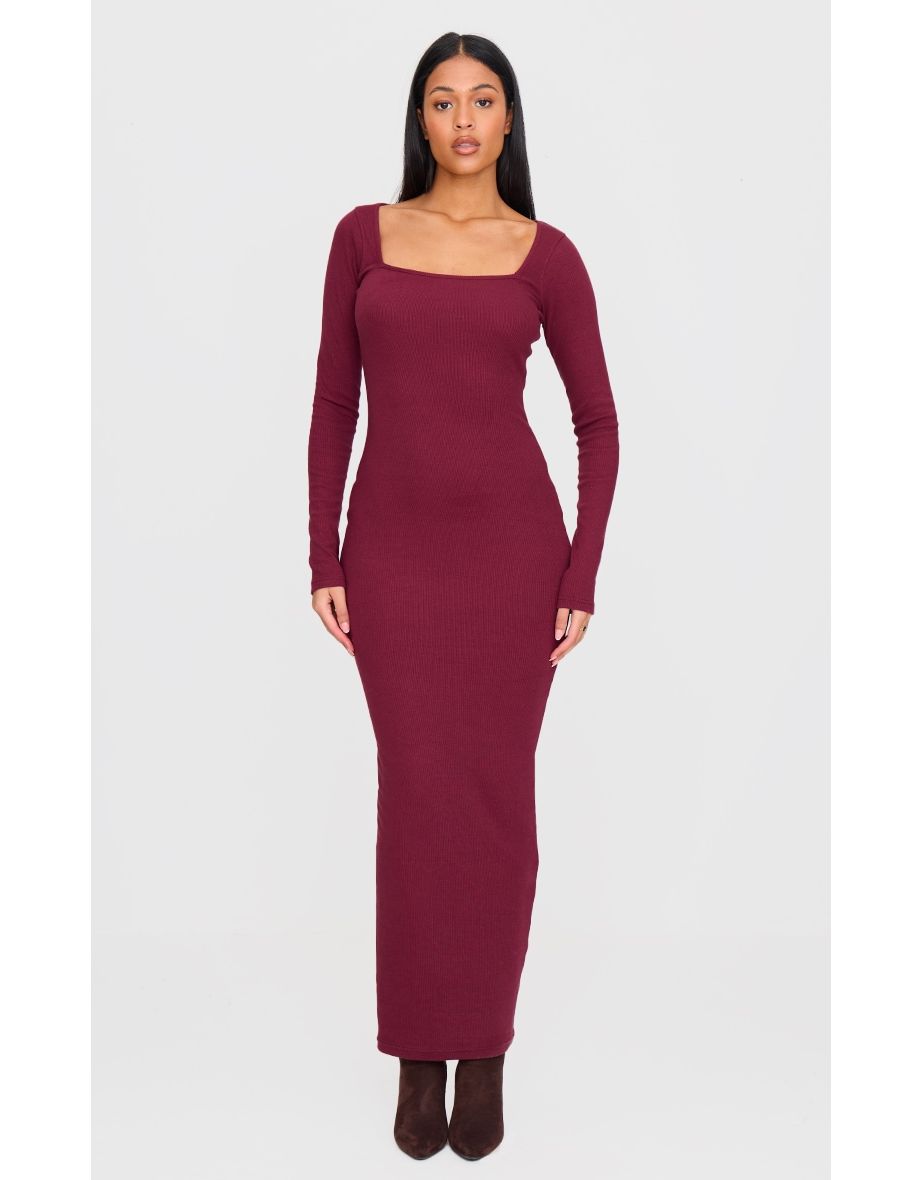 Tall Burgundy Square Neck Long Sleeve Rib Maxi Dress