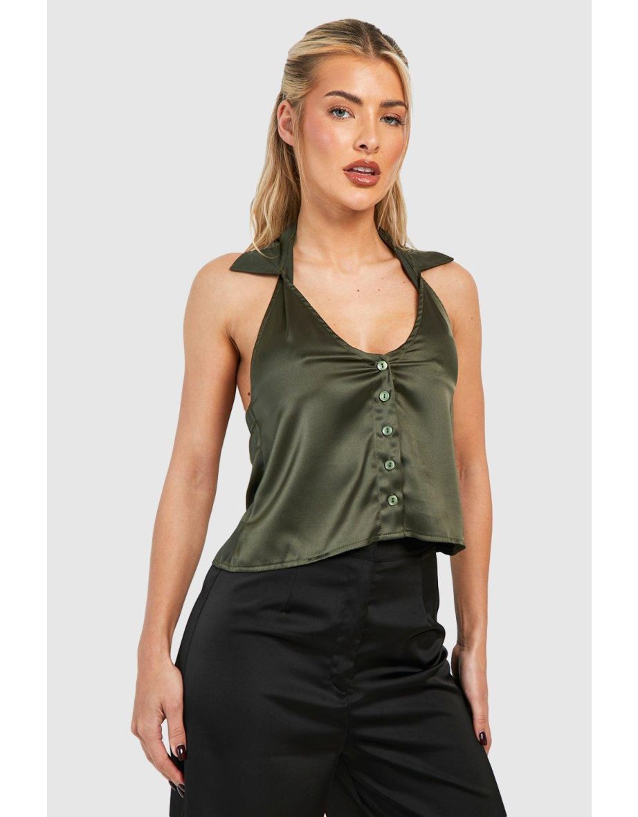 Satin Waist Coat Blouse - khaki