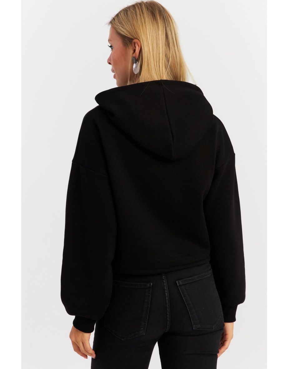 Women's Black Ribbed Three Thread Hoodie - 8