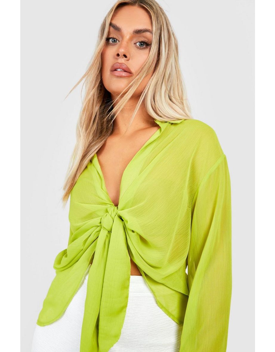 Plus Chiffon Drape Tie Detail Shirt Blouse - chartreuse