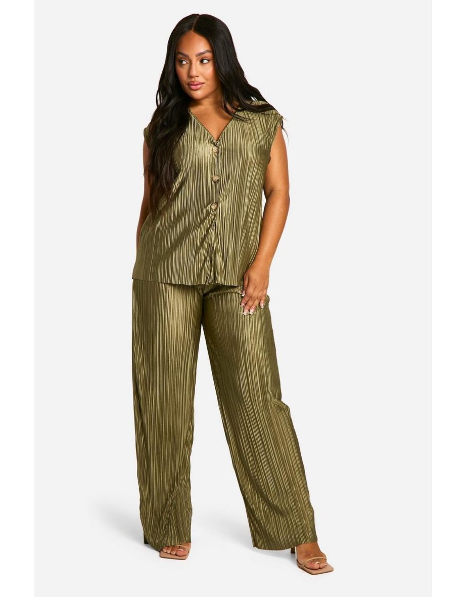 Plus Plisse Waistcoat & Trouser Wide Leg Co Ord - light khaki
