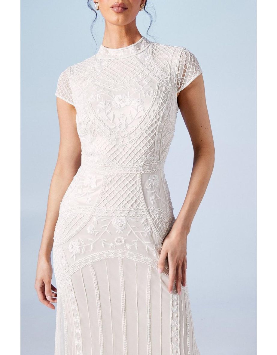Beaded and Embellished Cap Sleeve Fishtail Wedding Dress - 3