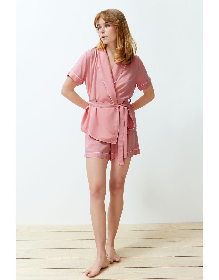 Pale Pink Tie and Piping Detailed Shirt-Shorts Woven Pajamas Set