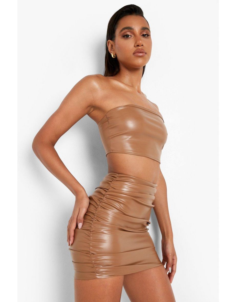 Mix & Match Leather Look Ruched Mini Skirt - caramel - 3