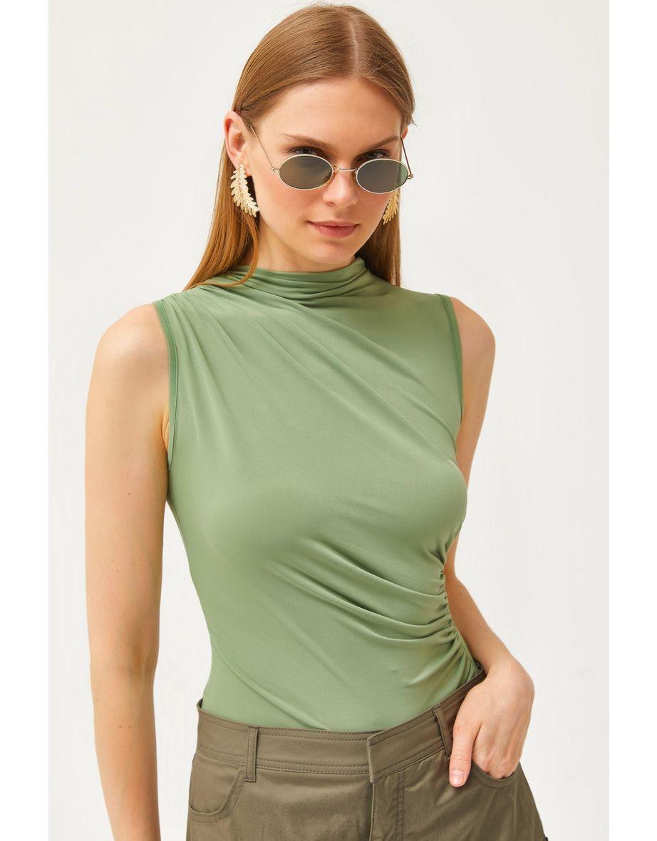 Women's Green Stand Collar Gather Detailed Crop Blouse - 4