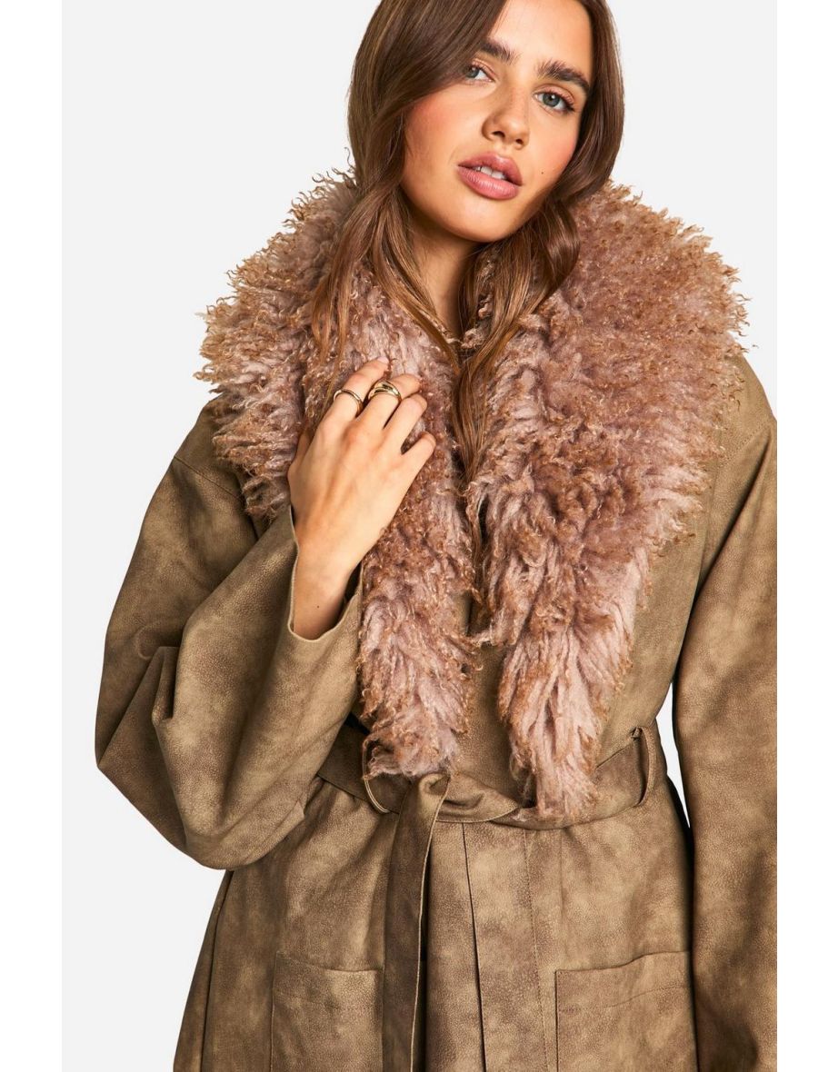 Faux Fur Collar Vintage Look Faux Leather Trench Coat - 3