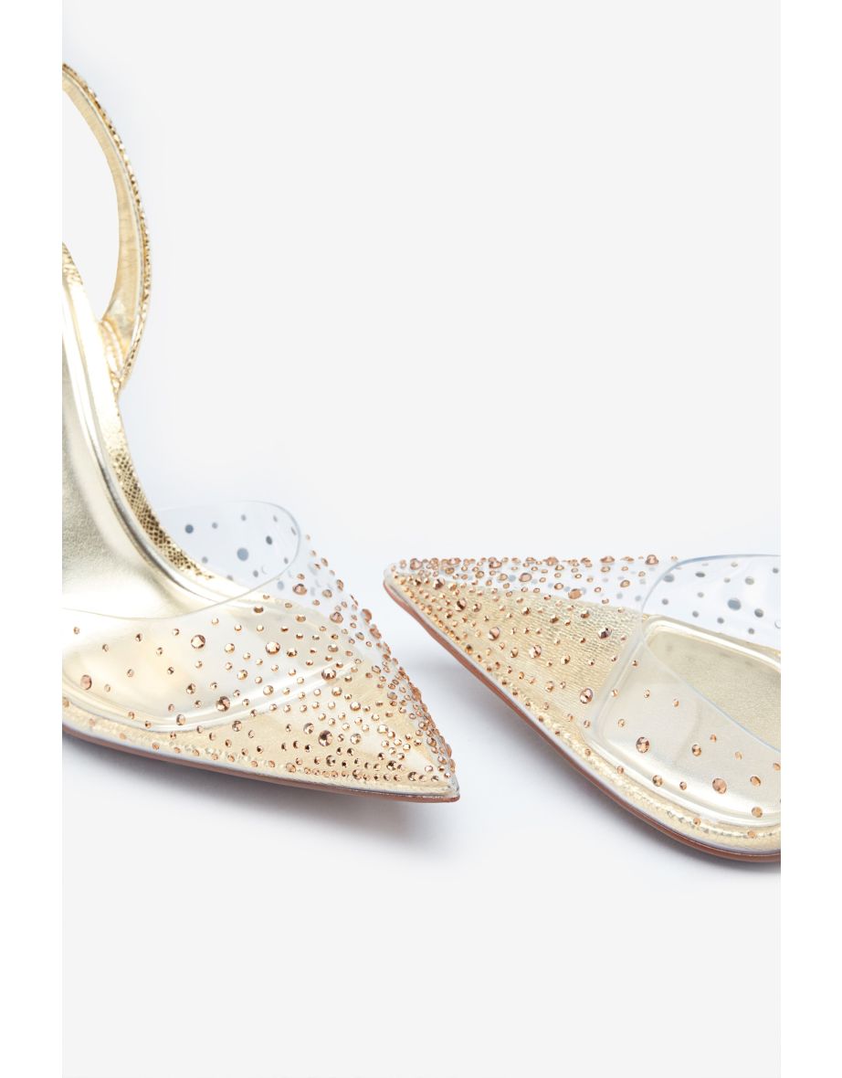 Covergirl | Gold Diamante Sling Back Pointed Heels - 4