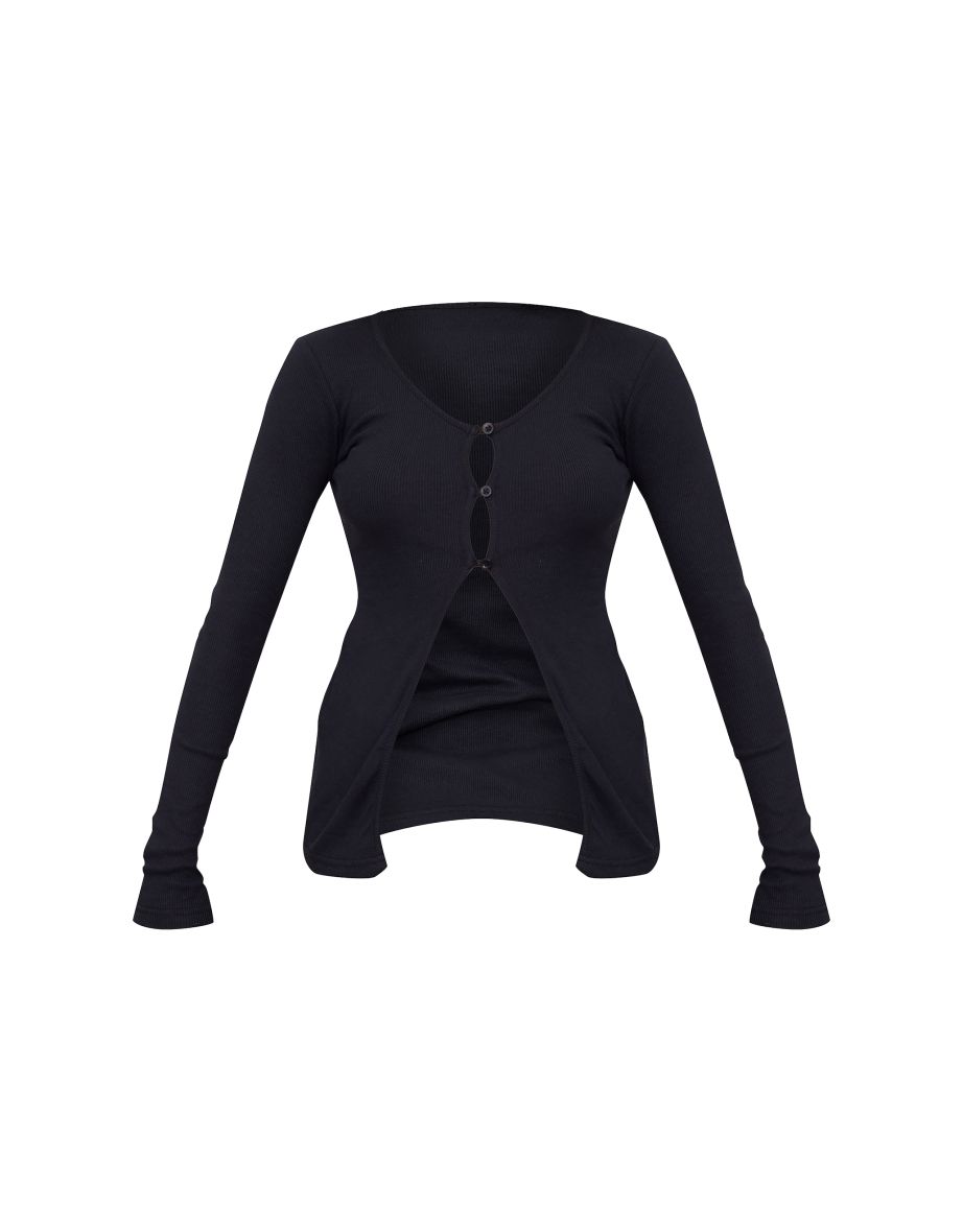 Black Ribbed Button Detail Spilt Hem Long Cardigan - 4